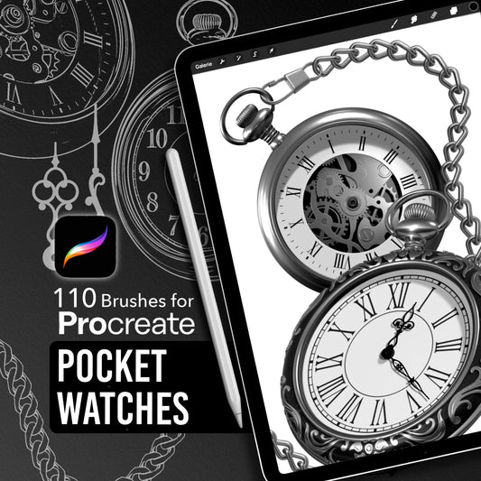 High-quality Procreate stamp brushes of vintage watches – ideal for tattoo artists and illustrators. This presentation image showcases detailed timepieces drawn from multiple angles with realistic lighting and clean line art versions. Perfect reference pack for composition, realism, and vintage design work.