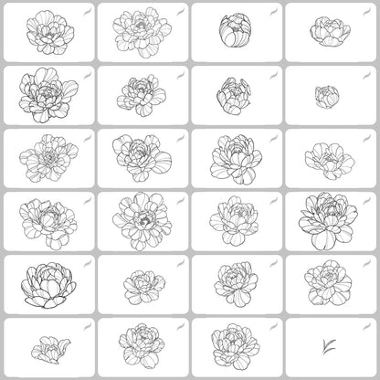 Top-down view of 25 fine line peony flower stamps for Procreate, displayed in a clean grid on white background, showcasing a variety of blossom shapes and petal structures