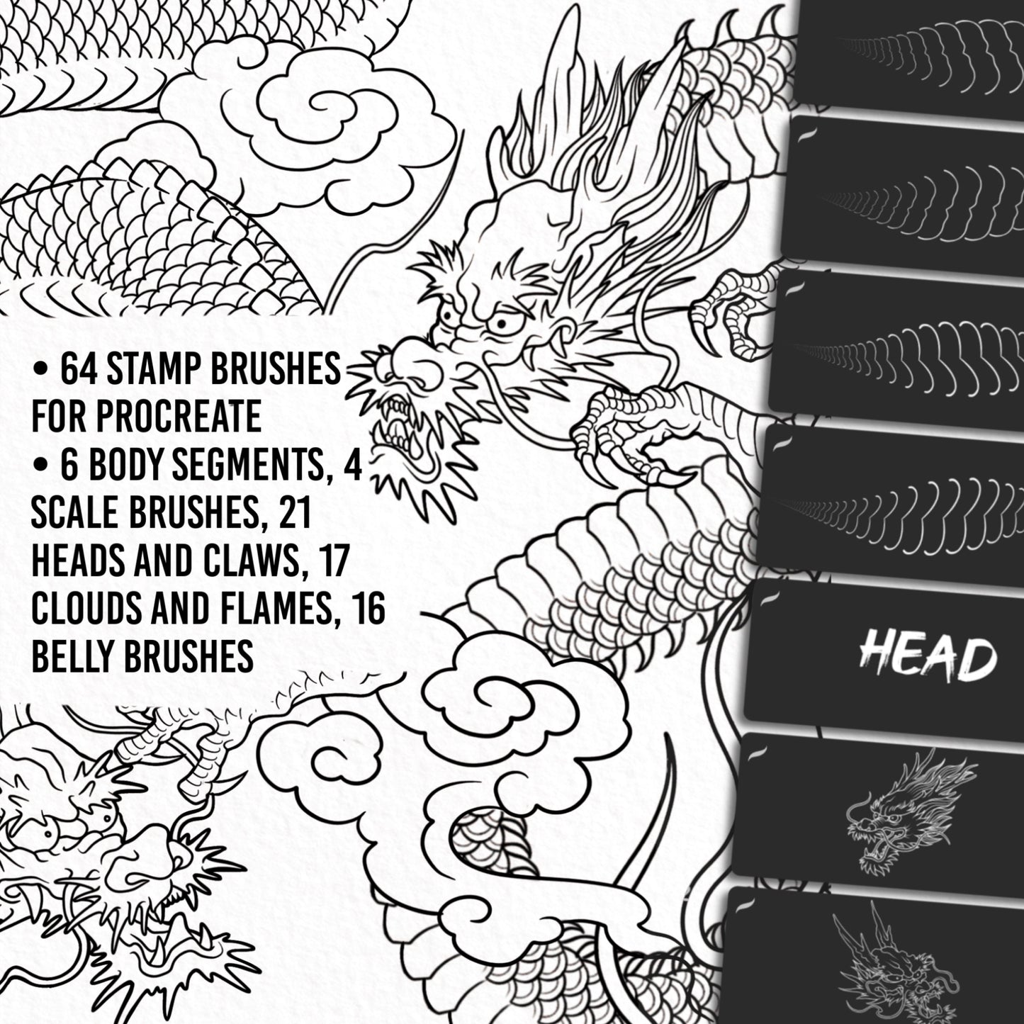 Overview of Japanese Dragon Brush Set for Procreate, includes 56 stamp brushes: body segments, scales, heads, claws, clouds and flames, perfect for digital tattoo designs