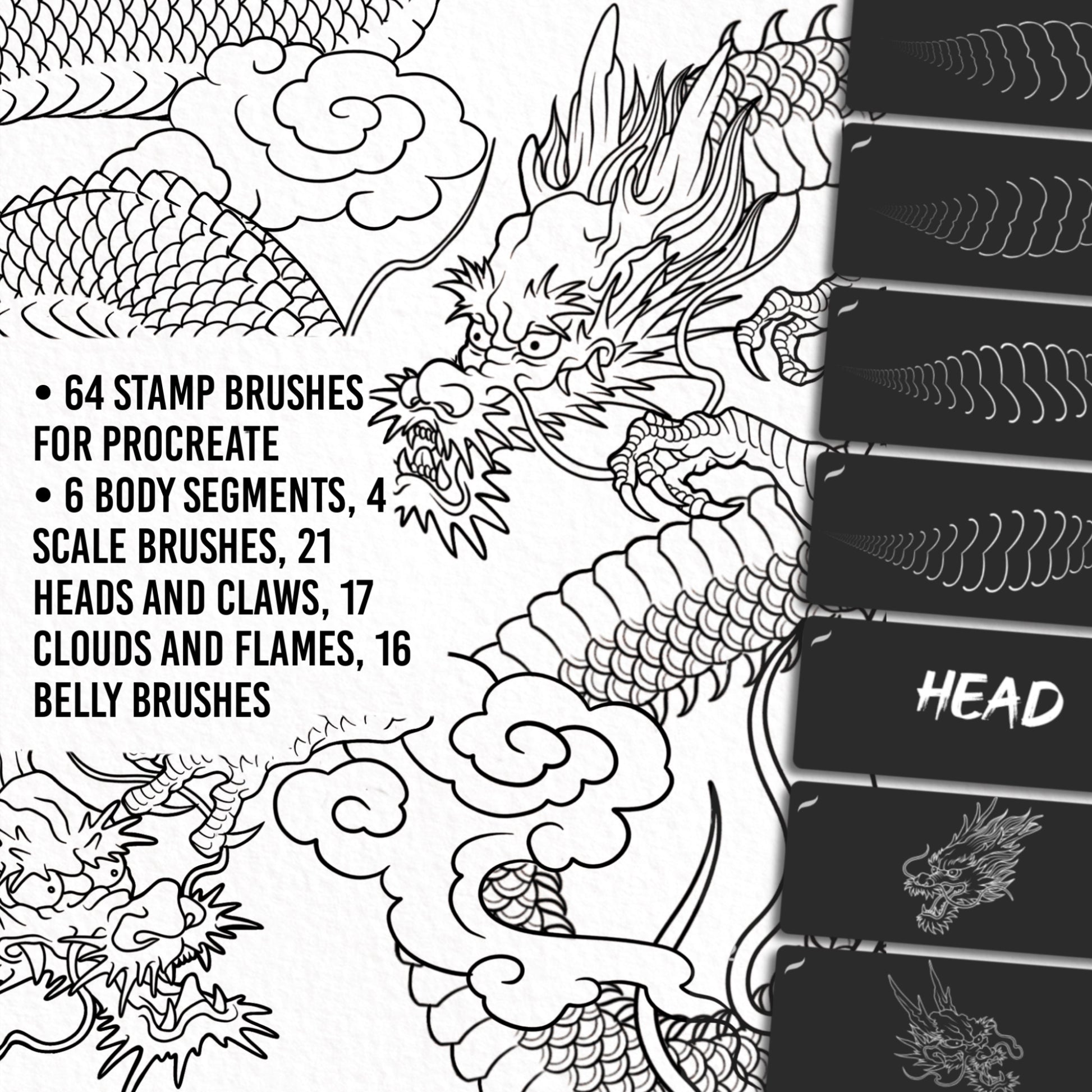 Overview of Japanese Dragon Brush Set for Procreate, includes 56 stamp brushes: body segments, scales, heads, claws, clouds and flames, perfect for digital tattoo designs